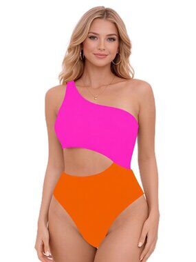 A8 Small Yonique Pink Orange One Shoulder Cutout Tummy Control Swimsuit NWT